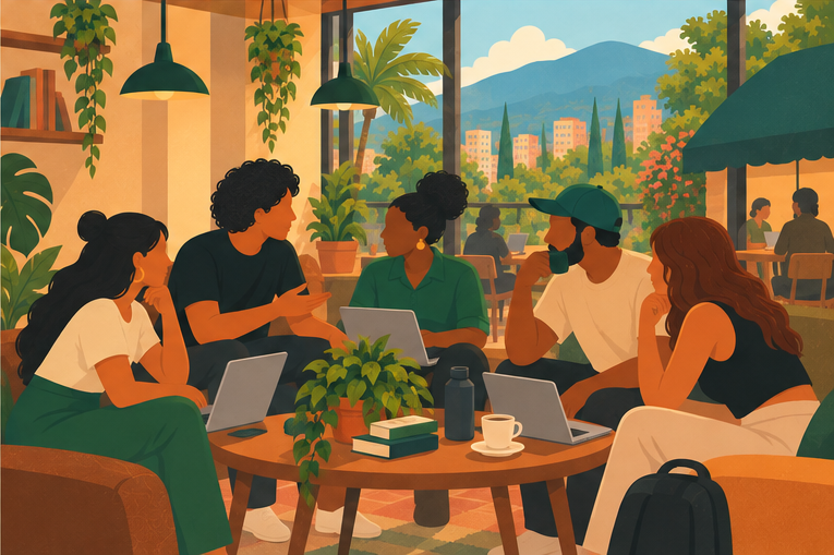 Illustration of people working together in Medellín with Taavo — You do not have to build your workday alone.