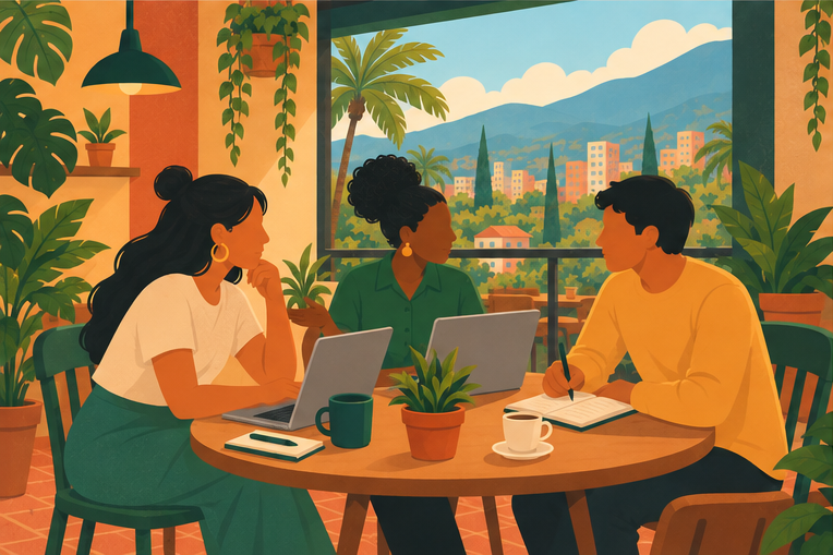 Illustration of people working together in Medellín with Taavo — The point is a better workday.