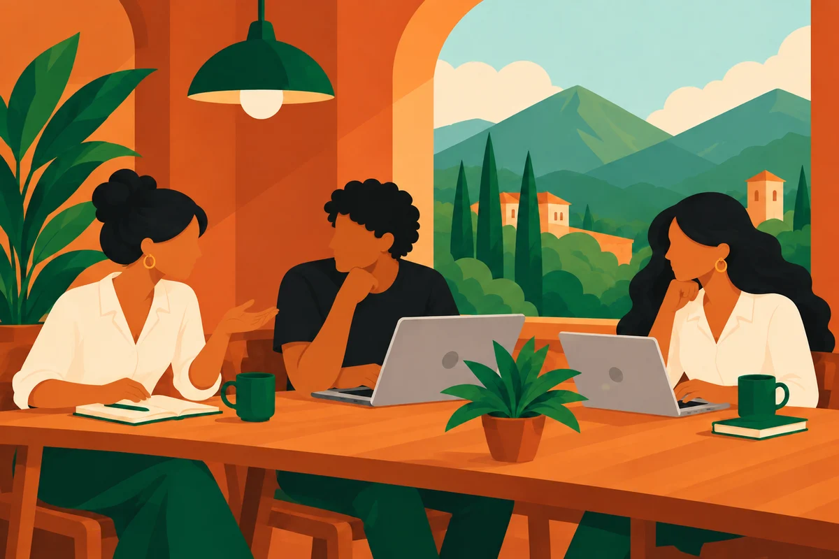 Personas trabajando y conversando en un café público cálido y lleno de plantas