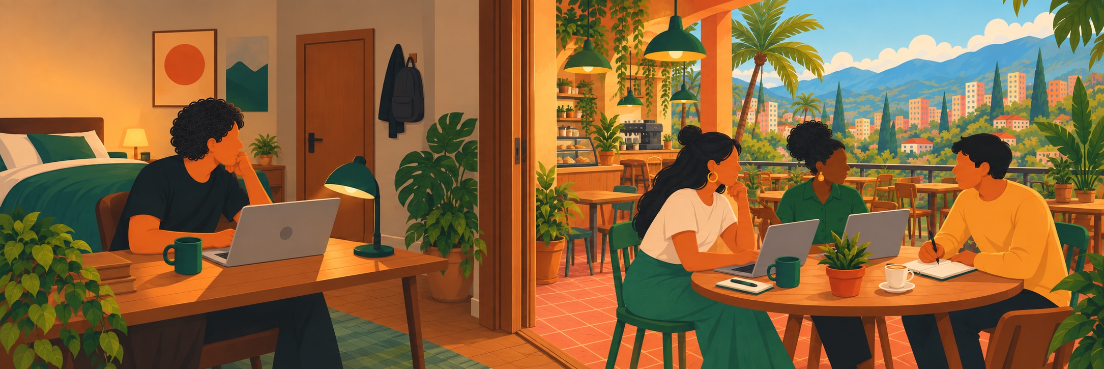 A doorway separates one person working alone in a bedroom from three people working together in a Medellín café