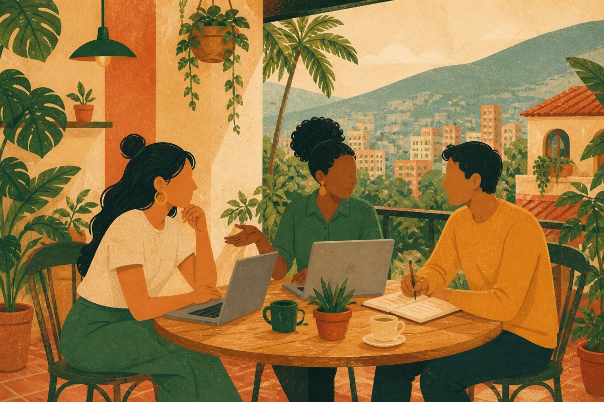 Three people working together in a leafy Medellín café